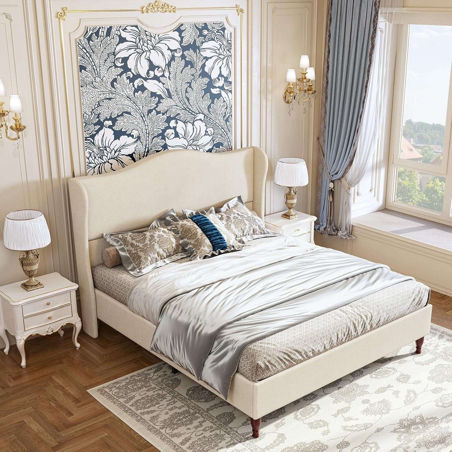Queen Size Bed Frame Upholstered Platform Bed with 51" Tall Headboard Wingback, Soft Fabric, Retro Simple Style Platform