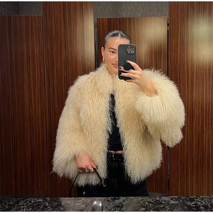 Fashion Solid Plush Faux Fur Coat Women Elegant Warm Long Sleeves Loose Jacket 2025 Lady Winter Chic High Street Outerwear ?