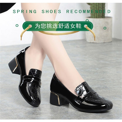 4.5cm British Style Deep Mouth Block Heels Shoes Women Loafers Bright Leather 2024 Spring Soft Leather Shoes for Office Mom