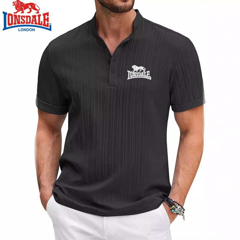 Embroidered LONSDALE Cotton Linen Striped Henry Short Sleeved Polo Shirt for Men's New Summer Business Casual Breathable T-shirt