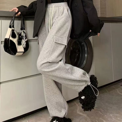 Winter Thick Fleece Women's Pants Casual Matching Cargo Pants Chic Sportswear Drawstring Straight Pants Lady's Trousers Pocket