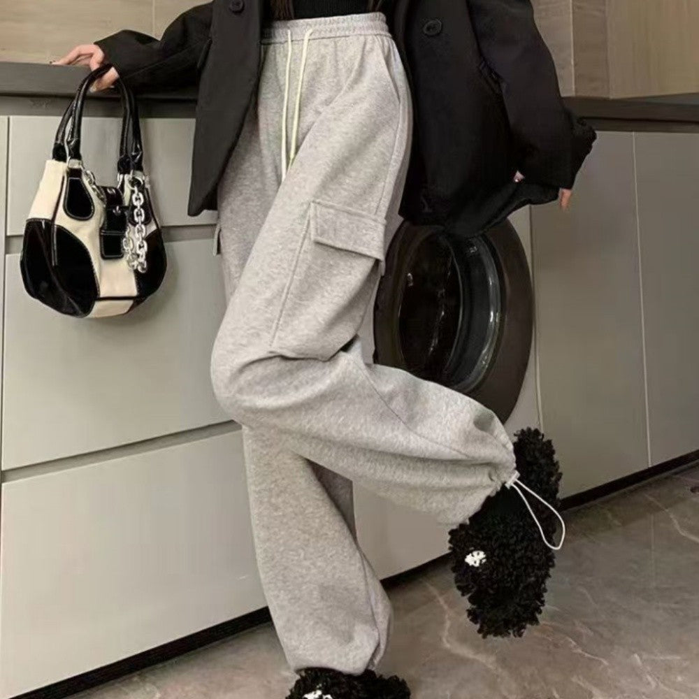 Winter Thick Fleece Women's Pants Casual Matching Cargo Pants Chic Sportswear Drawstring Straight Pants Lady's Trousers Pocket
