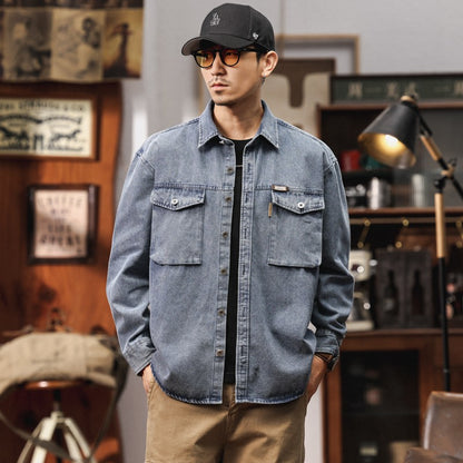 Men's Heavyweight Washed Salt-Faded Long Sleeve Denim Shirt Japanese Retro Loose Cargo Shirt Jackets Chest Pocket Man Outwear