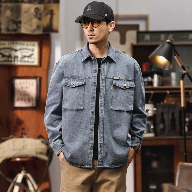 Men's Heavyweight Washed Salt-Faded Long Sleeve Denim Shirt Japanese Retro Loose Cargo Shirt Jackets Chest Pocket Man Outwear