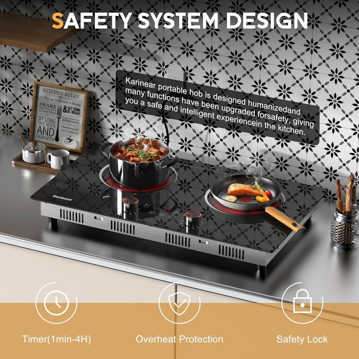 Karinear Electric Ceramic Cooktop 2 Burner, 110V,  2000W Knob Control & Sensor Touch for Countertop or Built-in Install, 24Inch