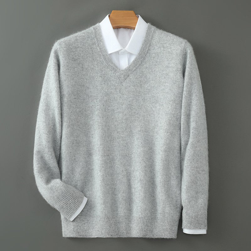 Autumn And Winter New Warm Pure Mink Cashmere Sweater Men's V-neck Pullover Thickened Plus Size Knitted Bottoming Shirt