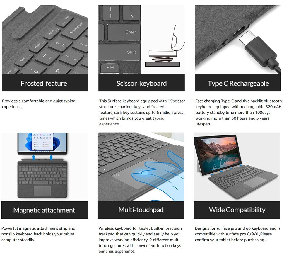 Wireless Bluetooth Keyboard For Microsoft Surface Pro 3 4 5 6 7 7+,Detachable Slim Type Cover Keyboard Trackpad For Surface Pro