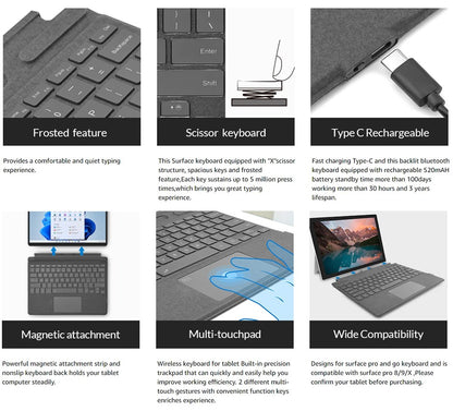 Wireless Bluetooth Keyboard For Microsoft Surface Pro 3 4 5 6 7 7+,Detachable Slim Type Cover Keyboard Trackpad For Surface Pro