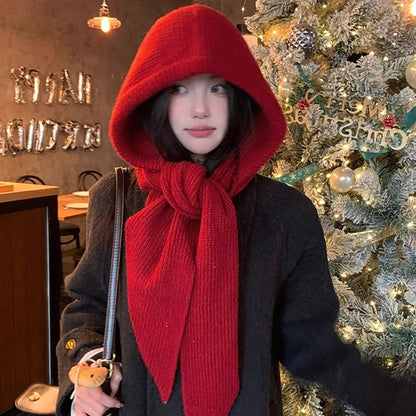 Knitted Winter Balaclava One-piece Thickened Scarf Cap Winter Accessories Hooded Hat Neck Protection Scarf Cold Weather New