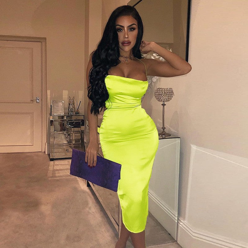 Neon Satin Lace Up Women's Long Midi Dress Light Pink Bodycon Backless Elegant P