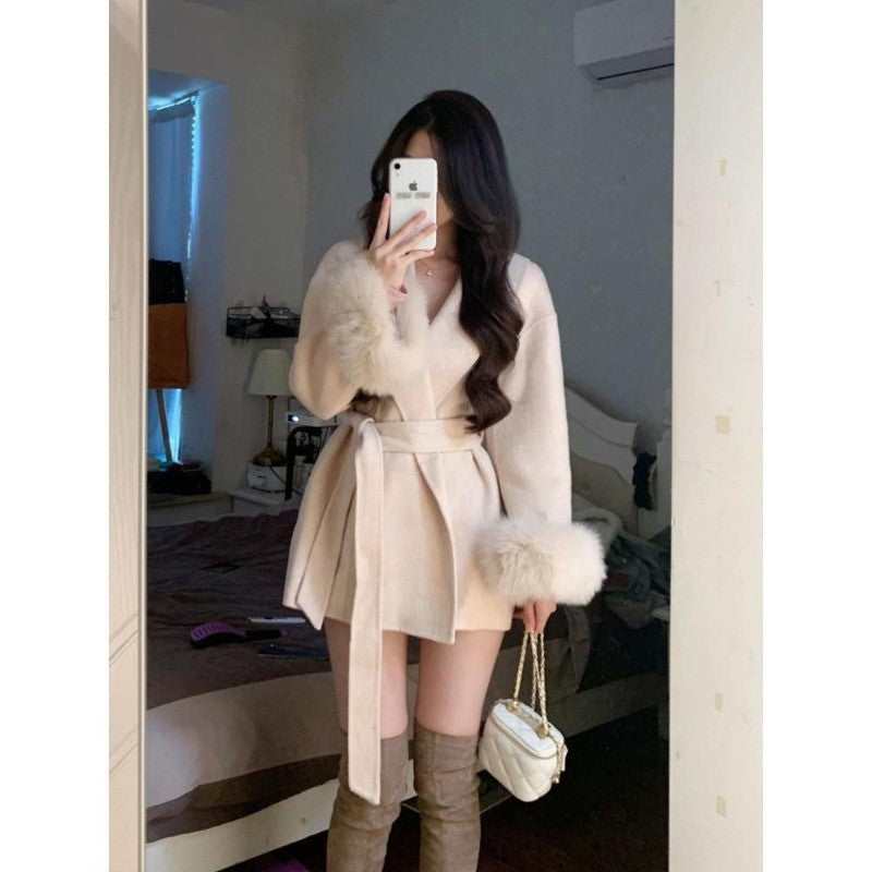 2025 Retro Elegant Lace Up Woolen Casual Overcoat Women Harajuku Loose Warm Plush Long-sleeved Autumn Fashion New Street Jacket