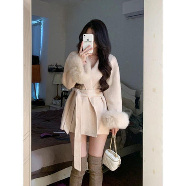 2025 Retro Elegant Lace Up Woolen Casual Overcoat Women Harajuku Loose Warm Plush Long-sleeved Autumn Fashion New Street Jacket