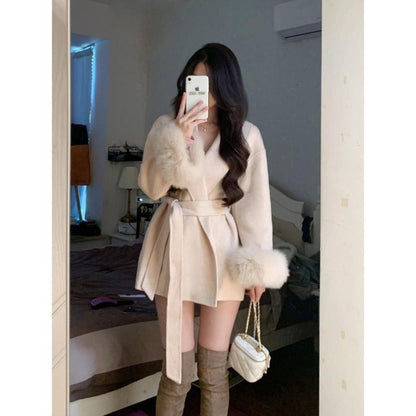 2025 Retro Elegant Lace Up Woolen Casual Overcoat Women Harajuku Loose Warm Plush Long-sleeved Autumn Fashion New Street Jacket