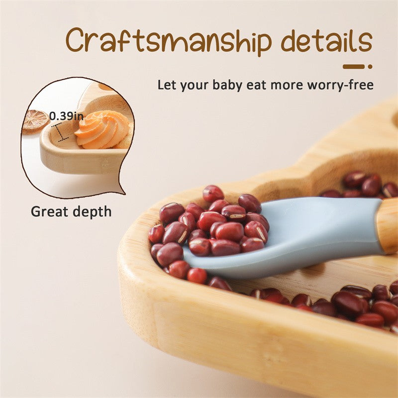 Baby Wooden Tableware Set Could Bamboo Wooden Plate Bowl Silicone Suction Wooden Handle Fork Spoon for Children Feeding Supplies