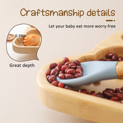 Baby Wooden Tableware Set Could Bamboo Wooden Plate Bowl Silicone Suction Wooden Handle Fork Spoon for Children Feeding Supplies
