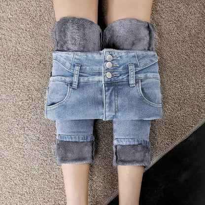 Winter Thick Velvet Women High Waist Skinny Jeans Simple Fleece Warm Slim Fit Stretch Ladies Casual Slim Denim Pencil Pants Y2K
