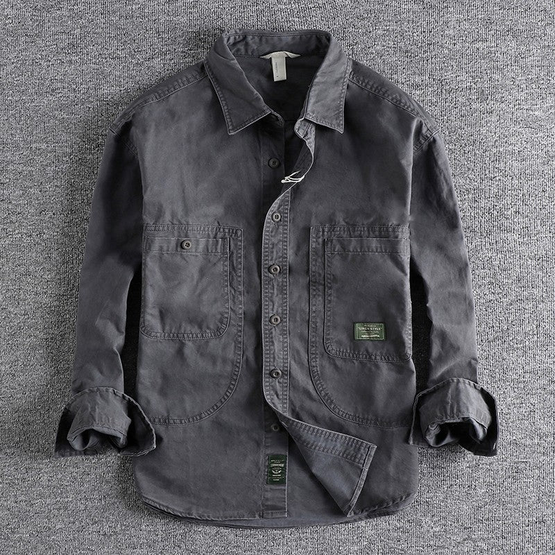 2025 Autumn New American Retro Woven Twill Cargo Shirt Men's Fashion 100% Cotton Washed Long Sleeve Double Pocket Casual Jacket