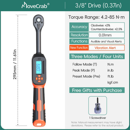 Chave de Torque Digital MOVECRAB 1.5-340 N.m com Valores Predefinidos, Precisão de 2%, Buzzer e Notificação por Flash LED