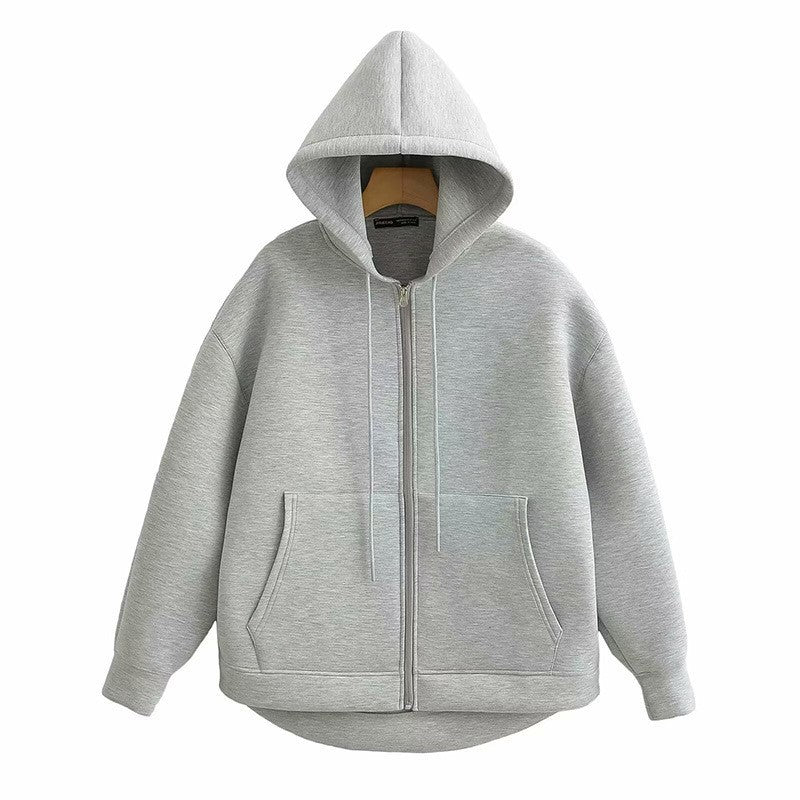 Alobee Autumn Women Gray Black Jacket With Hood Long Sleeve Zipper Jacket Coat Woman Loose Casual Big Pocket Outerwear Coat Tops