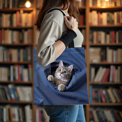Storage Bag Cat Peeking Through Jeans Pocket Pattern Handbag Cute Animal Tote Bags Suitable for Shopping Traveling Shoulder Bag