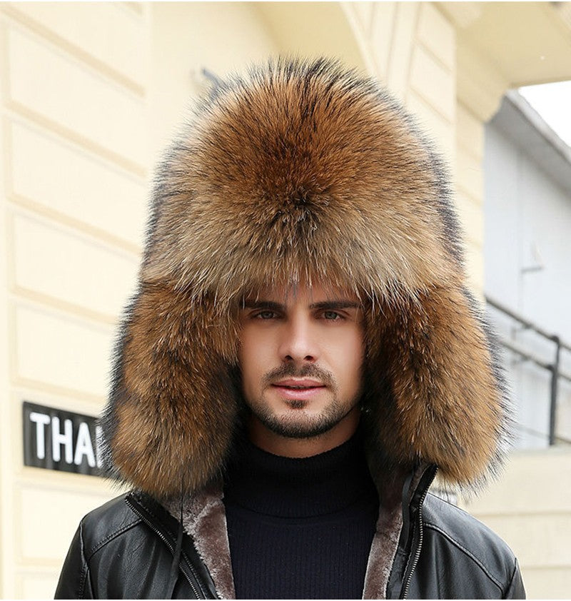 Real Fur 100% Fox Skin Russian Businessmen Pilot Bombers Full Mao Men's hat Ushanka Winter Ear Guard Hat Raccoon Fur Beanie hat