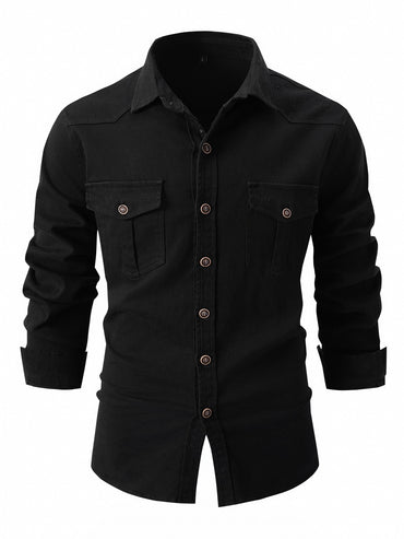 European size denim shirt men's casual solid color double pocket men's long sleeve washed elastic cotton fashion new business sh