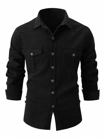 European size denim shirt men's casual solid color double pocket men's long sleeve washed elastic cotton fashion new business sh