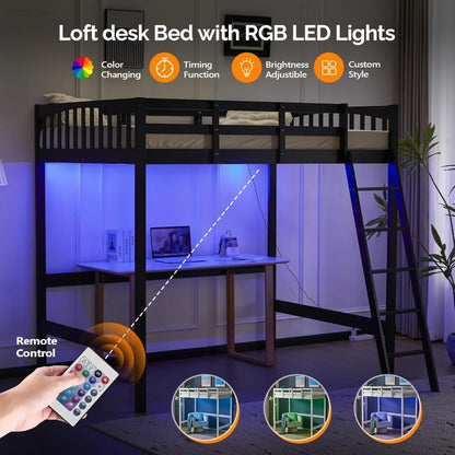 Loft Bed Full Size with USB Charging Station/LED, Solid Wood Double Loft Bunk Bed with Flat Rungs for Kids/Teens/Adults, 15 inc
