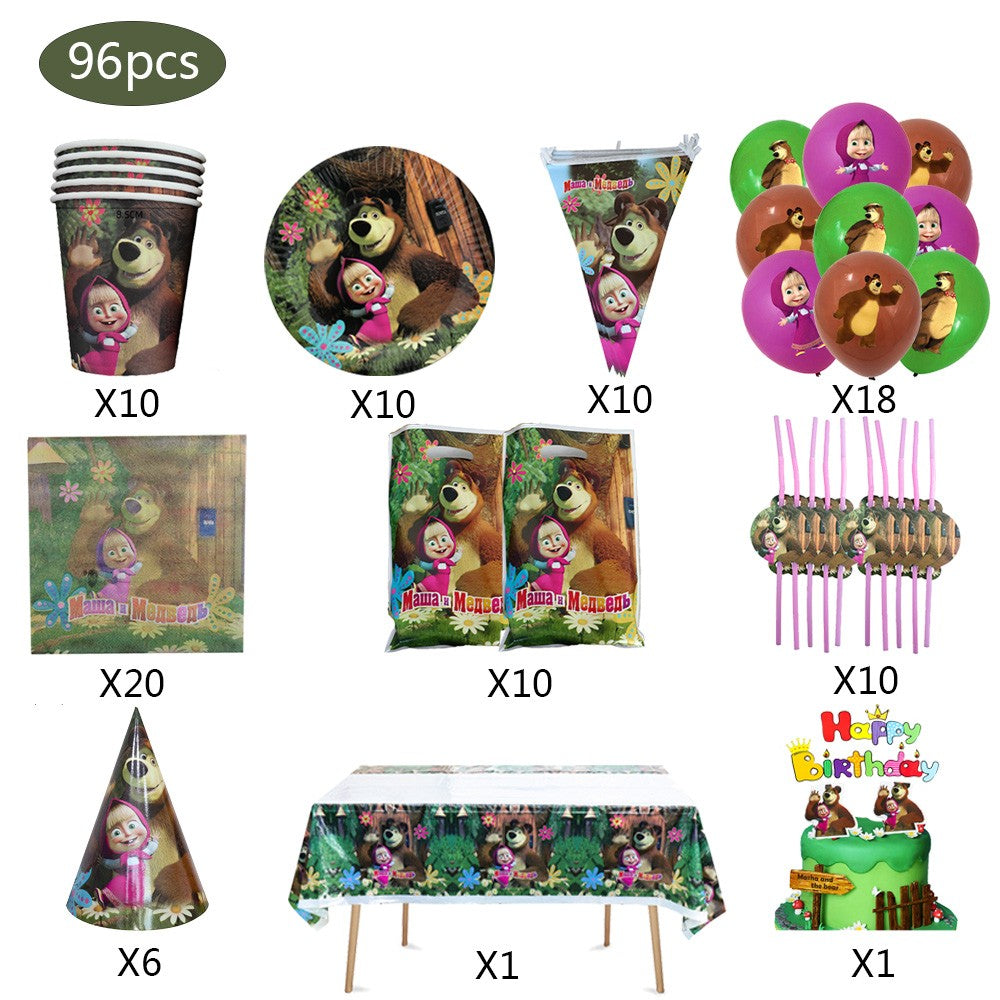Masha and The Bear Theme Birthday Party Supplies Girls Masha Tableware Set Balloons Plates Cups for Kids Party Baby Shower Decor