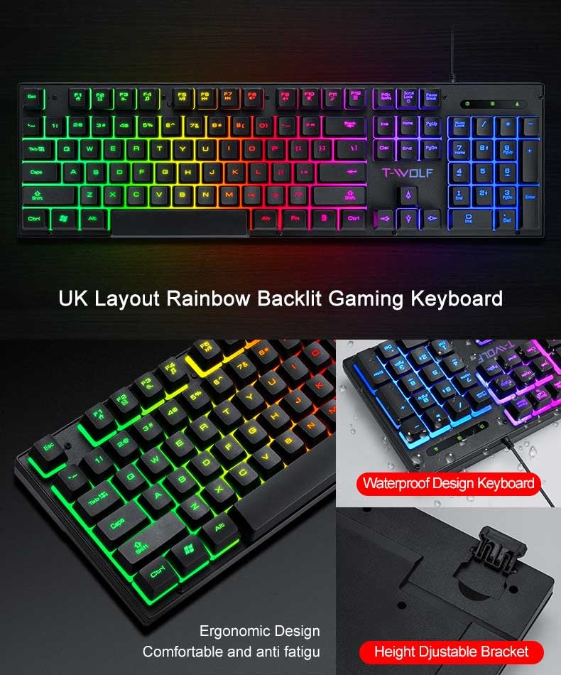 Teclado e Mouse Com Fio TF31 Conjunto Retroiluminado RGB Impermeável Luminoso Teclado de 104 Teclas Mouse com DPI Ajustável e Mouse Pad de Brinde