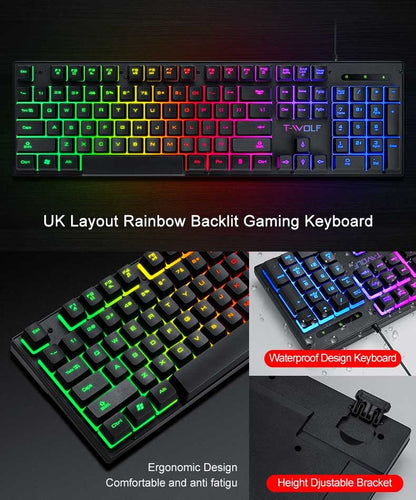 Teclado e Mouse Com Fio TF31 Conjunto Retroiluminado RGB Impermeável Luminoso Teclado de 104 Teclas Mouse com DPI Ajustável e Mouse Pad de Brinde