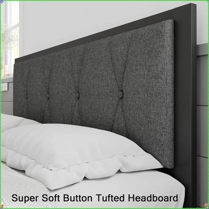 Estrutura de Cama Queen de Metal Cinza Escuro, Cabeceira Estofada e 30cm de Armazenamento sob a Cama - Plataforma sem Ruído
