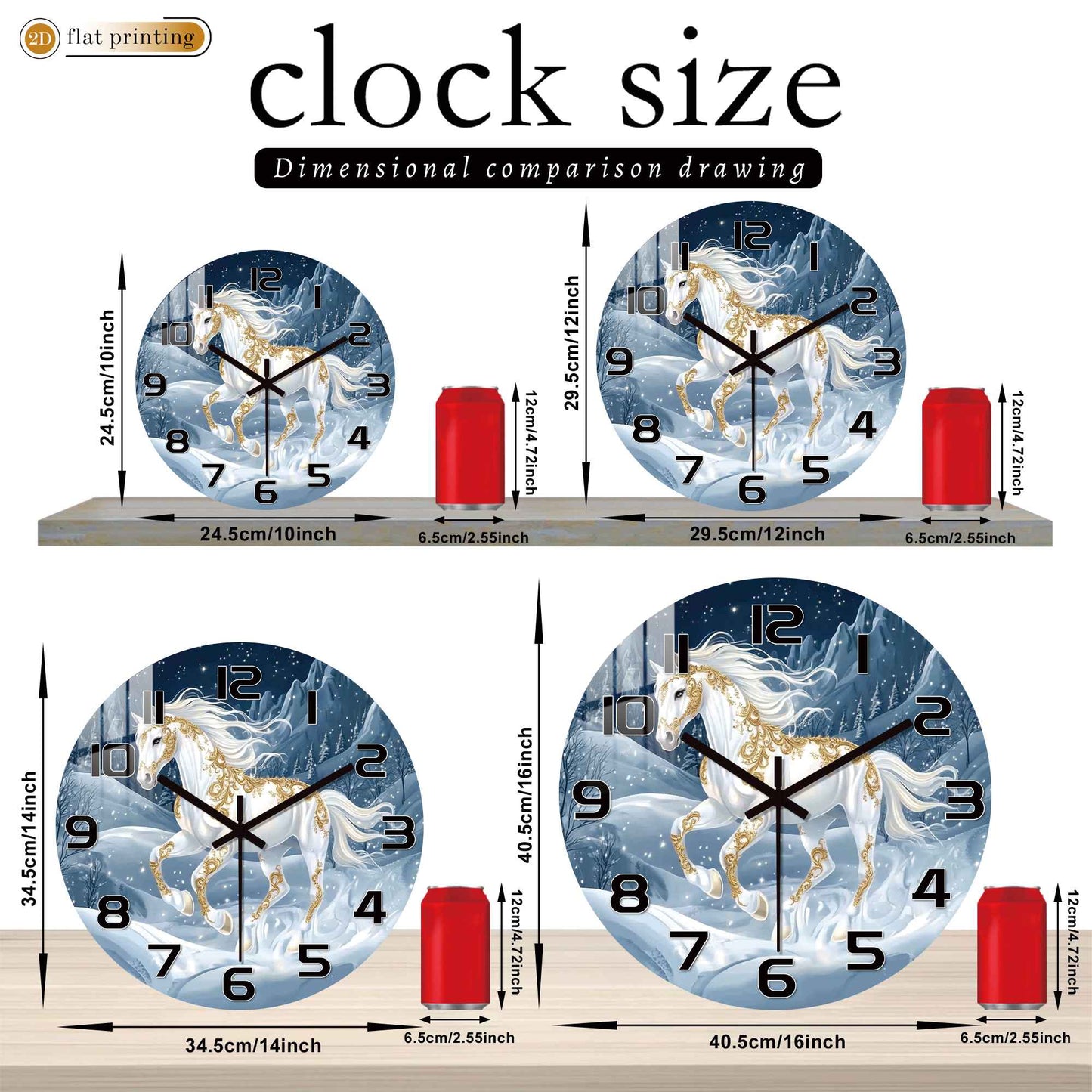 White Horse Snowy Landscape Wall Clock, Golden Ornamental Winter Scene, Festive Dreamy Unicorn-Inspired Home Decor