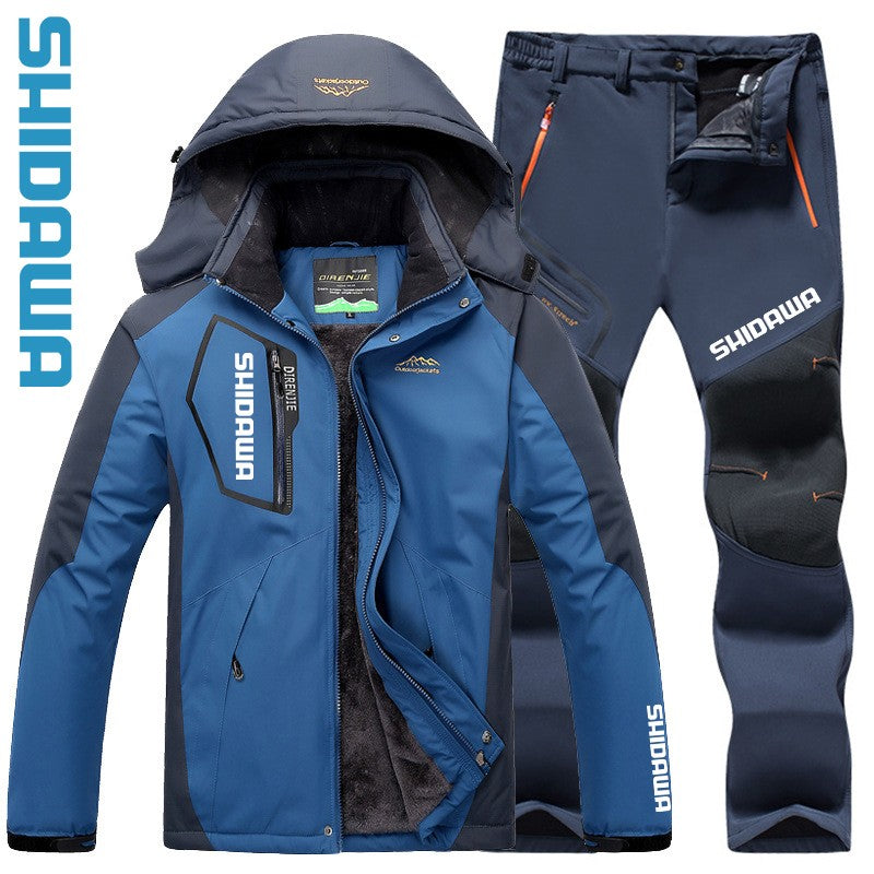 Traje de Pesca de Inverno Corta-Vento Impermeável Soft Shell Masculino Tamanhos Grandes com Capuz Acolchoado de Veludo Quente + Conjunto de Calças de Pesca para Caminhada