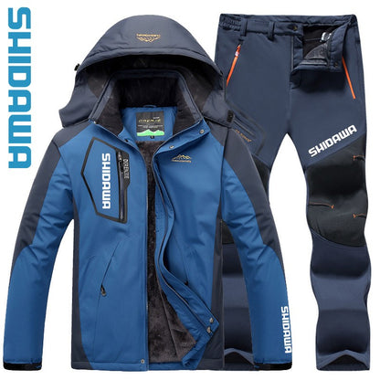 Traje de Pesca de Inverno Corta-Vento Impermeável Soft Shell Masculino Tamanhos Grandes com Capuz Acolchoado de Veludo Quente + Conjunto de Calças de Pesca para Caminhada