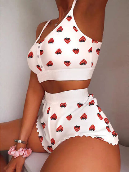 2 Pieces Set Women's Pajama Shorts Suit Multiple Print Underwear Sexy Lingerie Camisoles Tanks Nighty Ladies Loungewear Homewear
