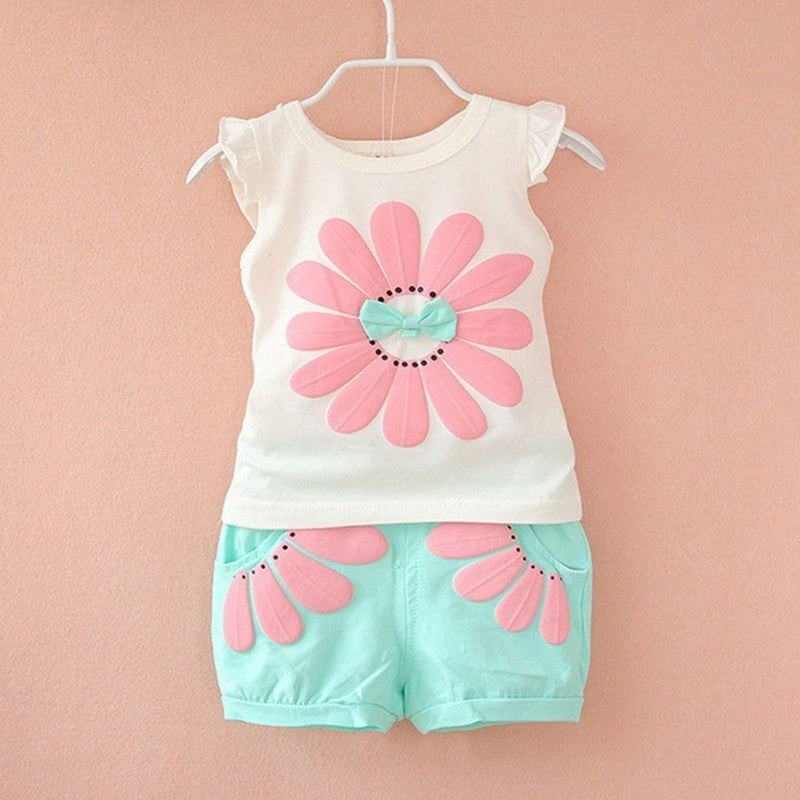 Summer Children Casual Clothes Suit Baby Girls Cute Cartoon Flowers Vest Shorts 2Pcs/Set Toddler Cotton Clothing Kids Tracksuits