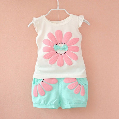 Summer Children Casual Clothes Suit Baby Girls Cute Cartoon Flowers Vest Shorts 2Pcs/Set Toddler Cotton Clothing Kids Tracksuits