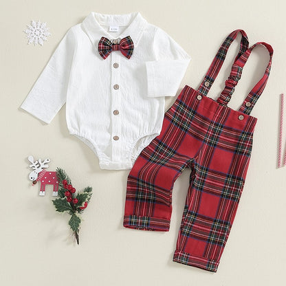 Baby Boy Gentleman Outfits Long Sleeve Lapel Romper + Plaid Suspender Pants + Bow Tie 3Pcs Sets Newborn Toddler Christmas Formal