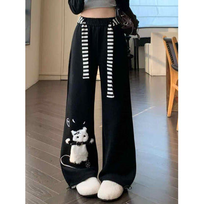 Cat Sweatpants Women Black Wide Leg Cute Casual Pants American Lazy Loose Fit Streetwear Spring Summer Trendy Unisex Outfit New