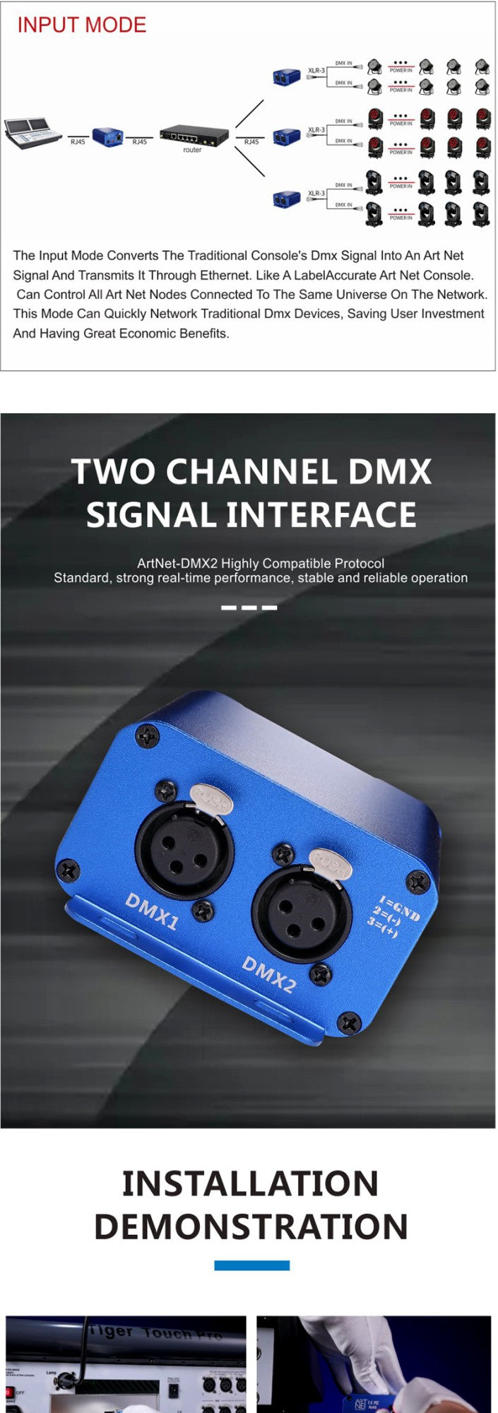 Artnet to DMX Controller, DMX Ethernet Lighting Controller, Professional Artnet DMX Interface , 3 Pin Output, Aluminum Housing