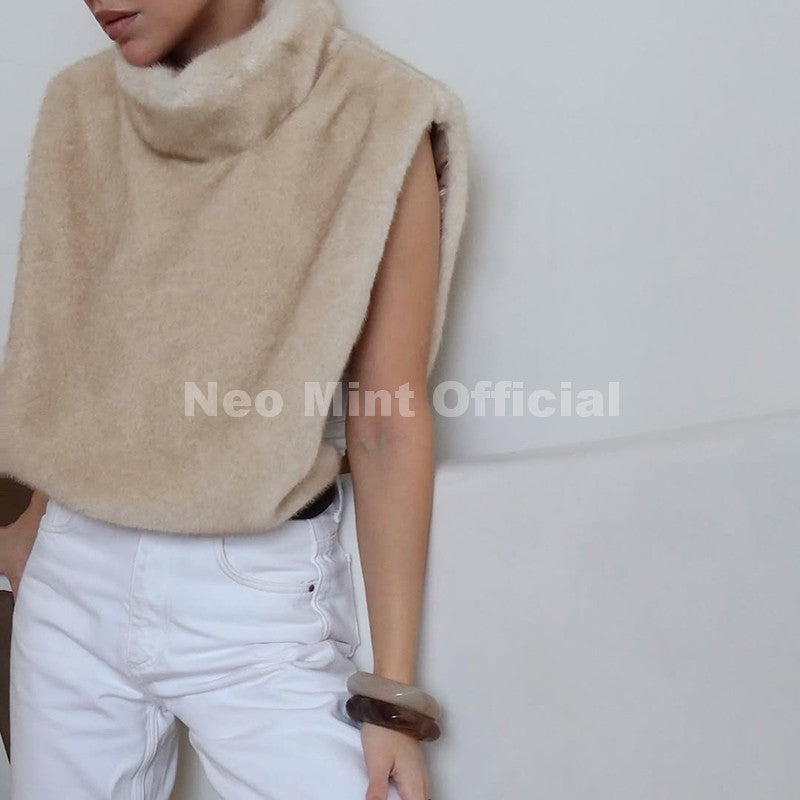 Neo Mint 2025 Brand Fashion Faux Fur Sable Vest Crop Top Autumn Winter Turtleneck Eco Mink Fur Tank Tops Sleeveless Jacket Coat
