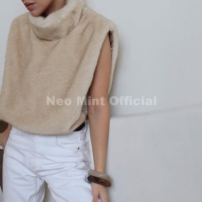 Neo Mint 2025 Brand Fashion Faux Fur Sable Vest Crop Top Autumn Winter Turtleneck Eco Mink Fur Tank Tops Sleeveless Jacket Coat