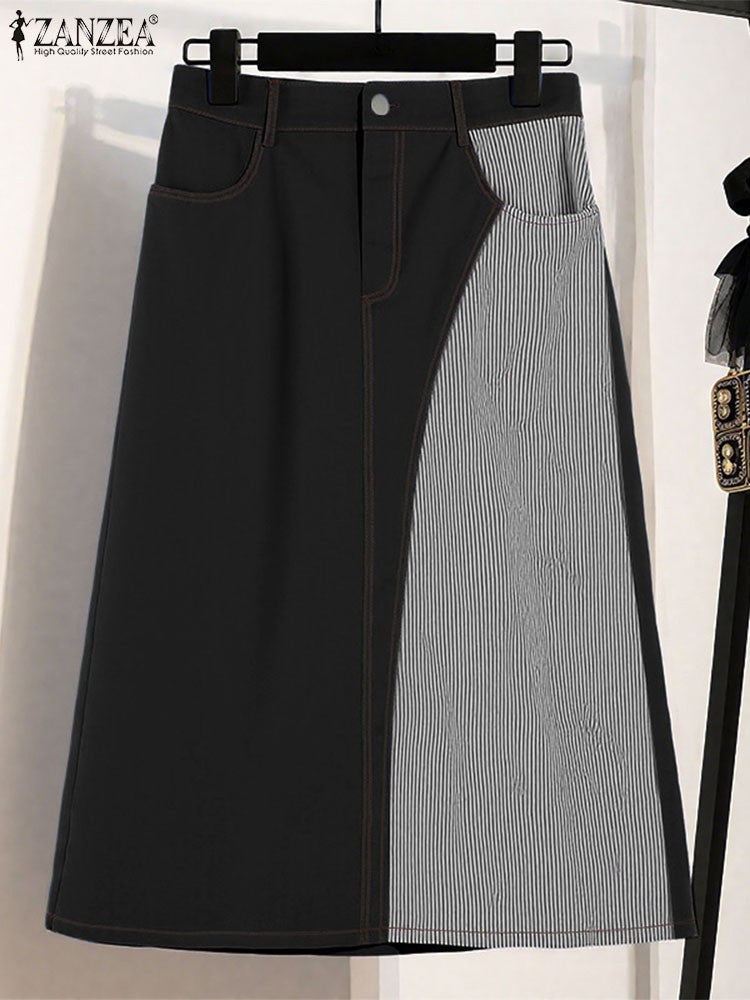 ZANZEA Women Plus Size Skirts High Waist Denim Striped Long Skirt Casual Vintage Big Size Skirt Summer Pockets Fashion Bottoms