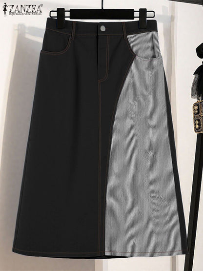 ZANZEA Women Plus Size Skirts High Waist Denim Striped Long Skirt Casual Vintage Big Size Skirt Summer Pockets Fashion Bottoms