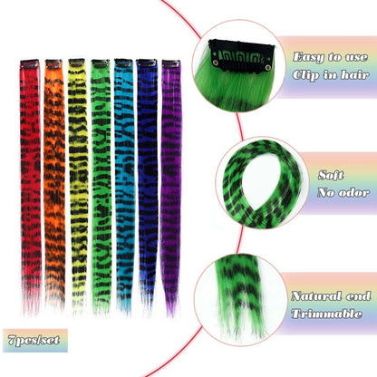 7 pçs/conjunto extensões de cabelo de pena de 18 polegadas clipes de cabelo invisíveis fibra sintética textura listrada uniforme acessórios de cabelo para festa