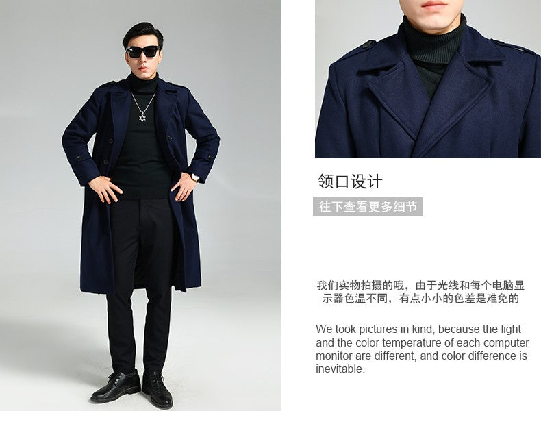 Nerazzurri Autumn Winter Long Elegant Luxury Chic Navy Blue Warm Woolen Coat for Men Double Breasted Wool & blends Overcoat 2023