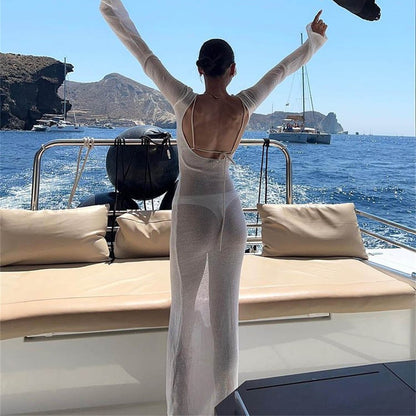 Fashion Women Wrapped Dress Long Sleeve Round Neck See Through Sunscreen Solid C