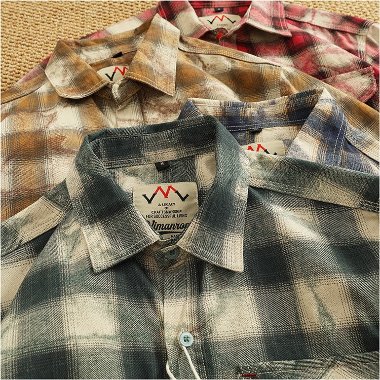 Autumn New Japanese Retro Long-Sleeve Lapel Plaid Cargo Shirt Men's Simple 100% Cotton Washed Pocket Casual Blouses Thin Coat