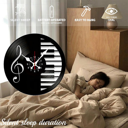 Music Notes Wooden Round Silent Hanging Wall Clock, Suitable For Living Room, Office, Study Room, Bedroom, Home Decoration